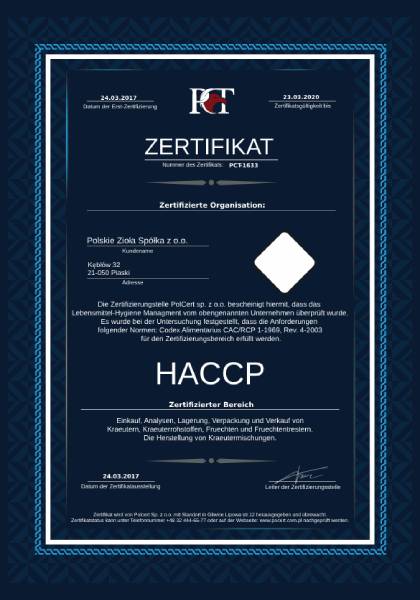 Certyfikat PCT 1633 HACCP DE